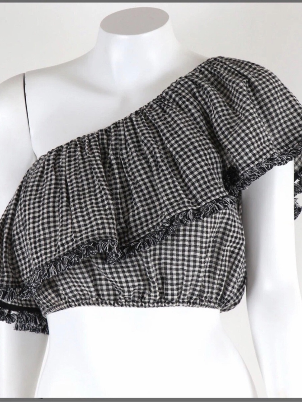 Zimmermann Black & White Gingham One-Shoulder Ruffle Crop Top